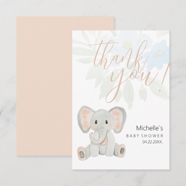Tarjeta De Agradecimiento Ilustracion Cute Rubor Elephant Watercolor (Anverso / Reverso)