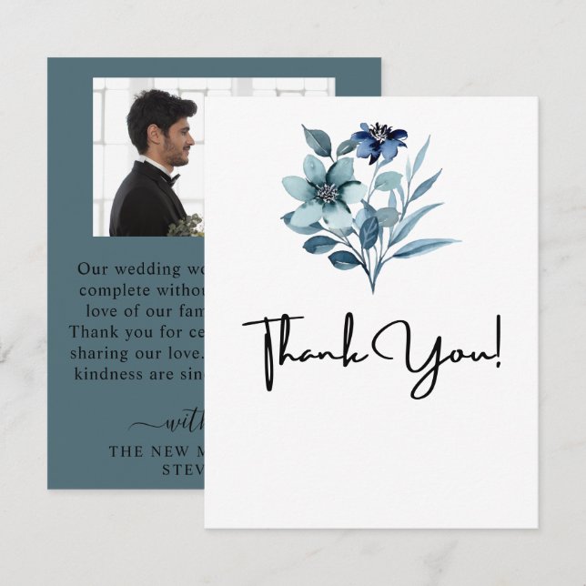 Tarjeta De Agradecimiento Ilustración de Acuarela Rústica Bouquet Floral Azu (Anverso / Reverso)