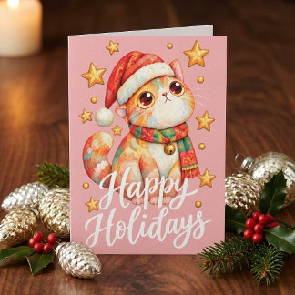 Tarjeta De Agradecimiento Ilustración de gato de Navidad adorable con encant