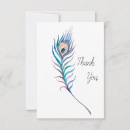 Tarjeta De Agradecimiento Ilustracion de plumas de pavo real de color azul