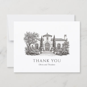 Tarjeta De Agradecimiento Ilustración de Villa Mediterránea para Boda Elegan