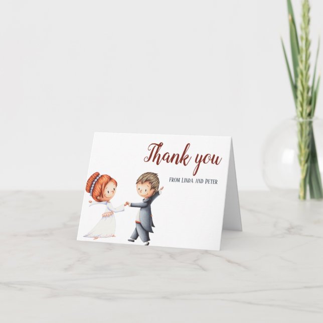 Tarjeta De Agradecimiento Ilustracion dulce novia y Boda bailarín de Groom (Anverso)