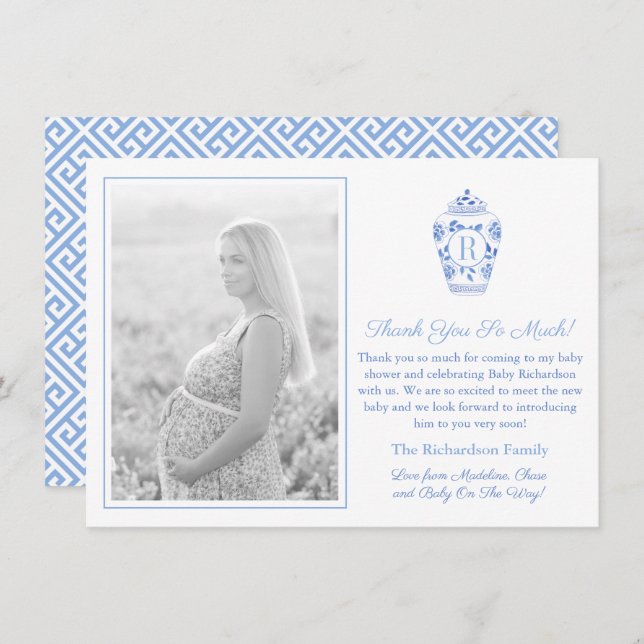 Tarjeta De Agradecimiento Imagen Baby Shower En Monograma Azul Y Blanco (Anverso / Reverso)
