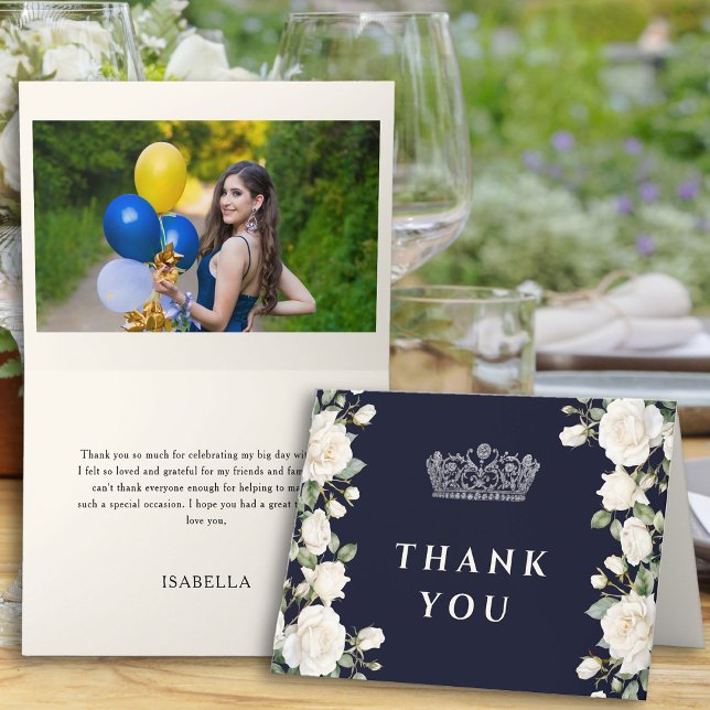 Tarjeta De Agradecimiento Imagen de la princesa azul real Tiara Quinceanera (Photo thank you card from the Princess Dress and Roses Quinceanera collection by Darling & May)