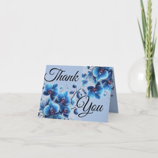 Tarjeta de agradecimiento impresa en orquídea azul (Anverso)