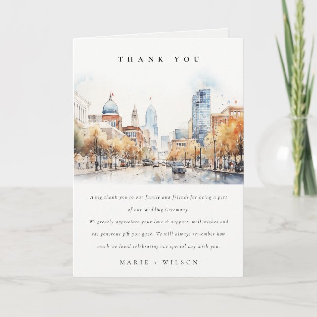 Tarjeta De Agradecimiento Indianapolis, Indiana Watercolor Landscape Wedding (Anverso)