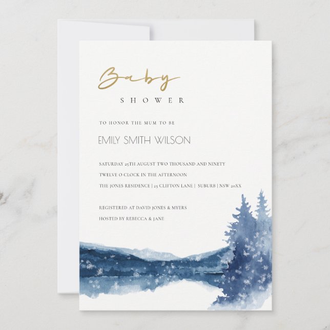 TARJETA DE AGRADECIMIENTO INDIGO BLUE MOUNTAIN LAKE BABY SHOWER INVITE (Anverso)