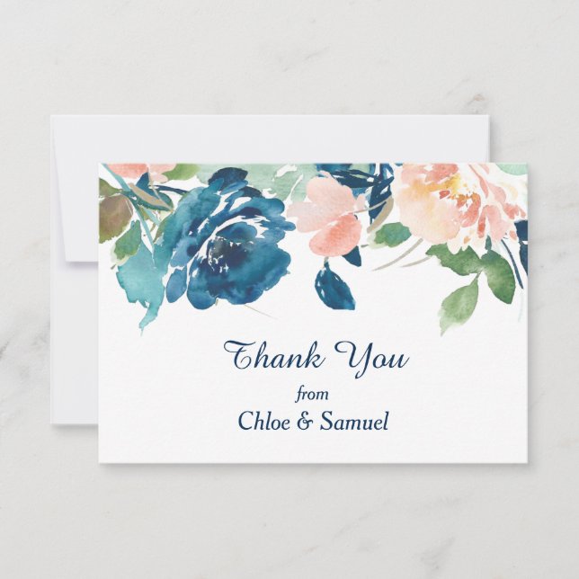 Tarjeta De Agradecimiento Indigo Blue Peach Rosas Boda Gracias (Anverso)
