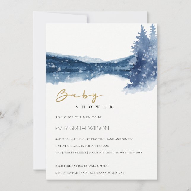 TARJETA DE AGRADECIMIENTO INDIGO TINTA BLUE MOUNTAIN LAGO BABY SHOWER INVITE (Anverso)