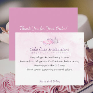 Tarjeta De Agradecimiento Instrucciones de cuidado de pastel de bolsa de tub