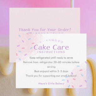Tarjeta De Agradecimiento Instrucciones de cuidado para pastel de sprinkles 