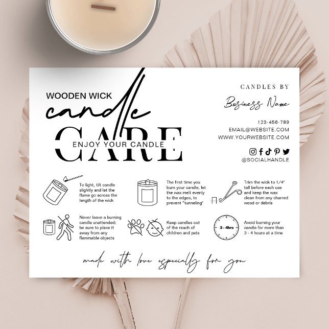 Tarjeta De Agradecimiento Instrucciones Mínimas De Cuidado De Velas De Mader (Minimal wooden wick candle care instructions cards with care icons and space for your logo)