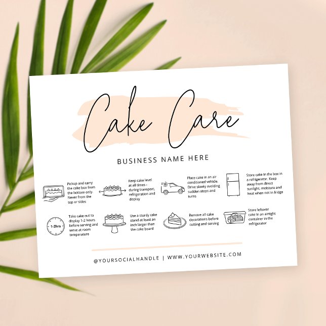 Tarjeta De Agradecimiento Instrucciones para el cuidado de las tartas Pastel (Light cream cake care cards with care icons, trendy fonts and pastel beige colors)