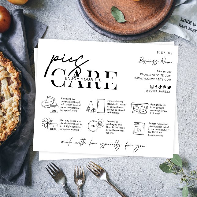 Tarjeta De Agradecimiento Instrucciones para el cuidado de los niños Mínimo  (Minimalist pie care instructions card with icons, space for your business info and thank you note)