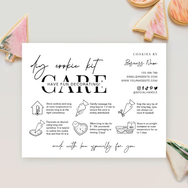 Tarjeta De Agradecimiento Instrucciones para el paquete de decoración de coo (Minimalist DIY cookie kit instructions cards with care icons and space for your business details)