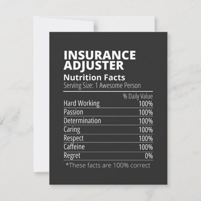 Tarjeta De Agradecimiento Insurance Adjuster Nutrition Facts Funny (Anverso)