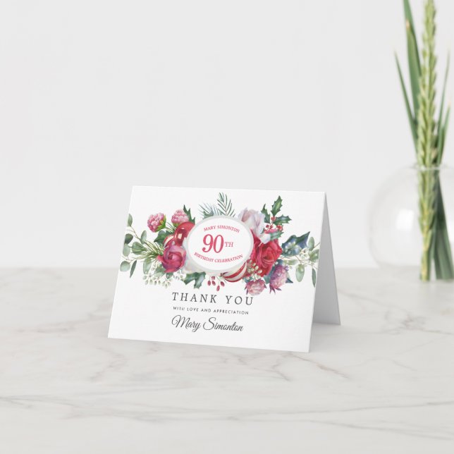 Tarjeta De Agradecimiento Invierno Botánico Rojo Rose 90 cumpleaños Gracias (Anverso)