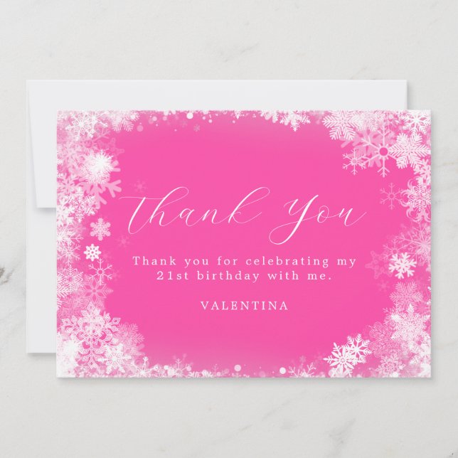 Tarjeta De Agradecimiento Invierno de cumpleaños 21 Wonderland Rosa copo de  (Anverso)