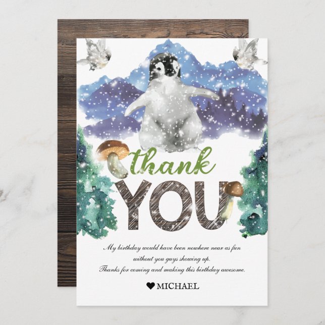 Tarjeta De Agradecimiento Invierno de cumpleaños de Pingüino (Anverso / Reverso)
