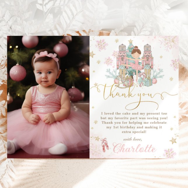 Tarjeta De Agradecimiento Invierno de los Nutcracker Onederland Foto de prim (pastel-pink-the-nutcracker-ballet-winter-onederland-wonderland-1st-birthday-party-photo-thank-you)