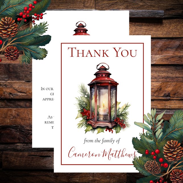 Tarjeta De Agradecimiento Invierno Floral Candle Floral Bereavement Gracias (Winter Floral Arrangement with Candle Lantern Floral Bereavement Thank You Card)