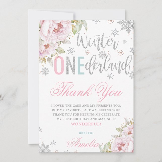 Tarjeta De Agradecimiento Invierno ONEderland Primer cumpleaños Floral Silve (Anverso)