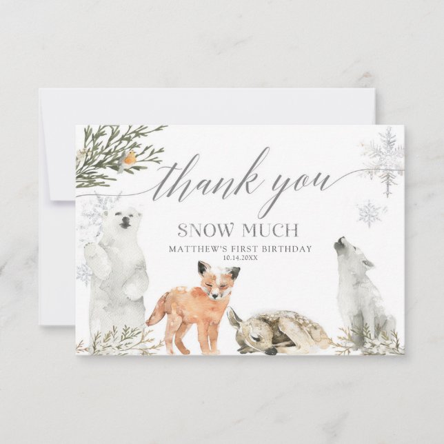 Tarjeta De Agradecimiento Invierno Onederland Woodland Animales Cumpleaños (Anverso)