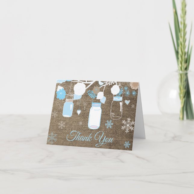 Tarjeta De Agradecimiento Invierno Snowflake Mason Jar Blue Burlap (Anverso)