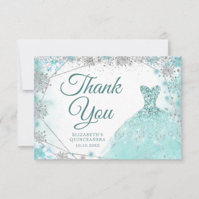 Tarjeta De Agradecimiento Invierno verde azulado y plateado de Snowflake Mis (Anverso)