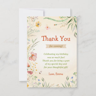 Tarjeta De Agradecimiento Invitado Chica de cumpleaños con flores silvestres