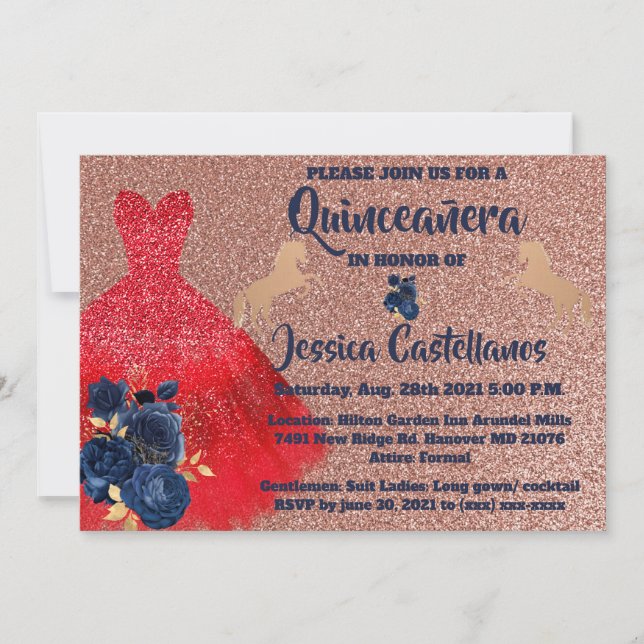Tarjeta De Agradecimiento Invitation Red Gold Sparkle Dress Quinceañera (Anverso)
