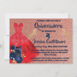 Tarjeta De Agradecimiento Invitation Red Gold Sparkle Dress Quinceañera
