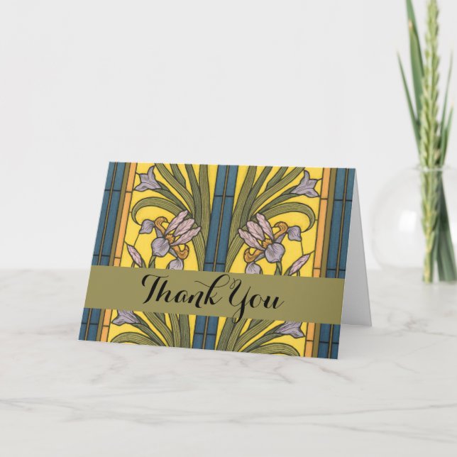 Tarjeta De Agradecimiento Iris Flor Art Nouveau Vidrio Manchado Oro Azul (Anverso)