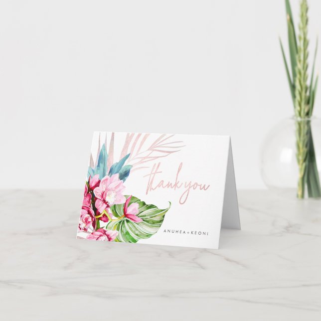 Tarjeta De Agradecimiento Isla Orquídea, Floral Tropical Rosa+Azul Gracias (Anverso)