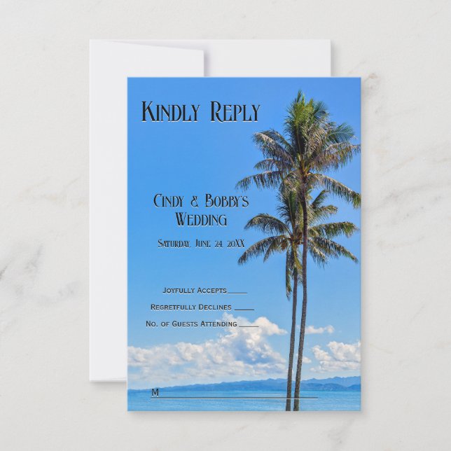 Tarjeta De Agradecimiento Isla Tropical, Palmeras, Mar Azul, RSVP (Anverso)