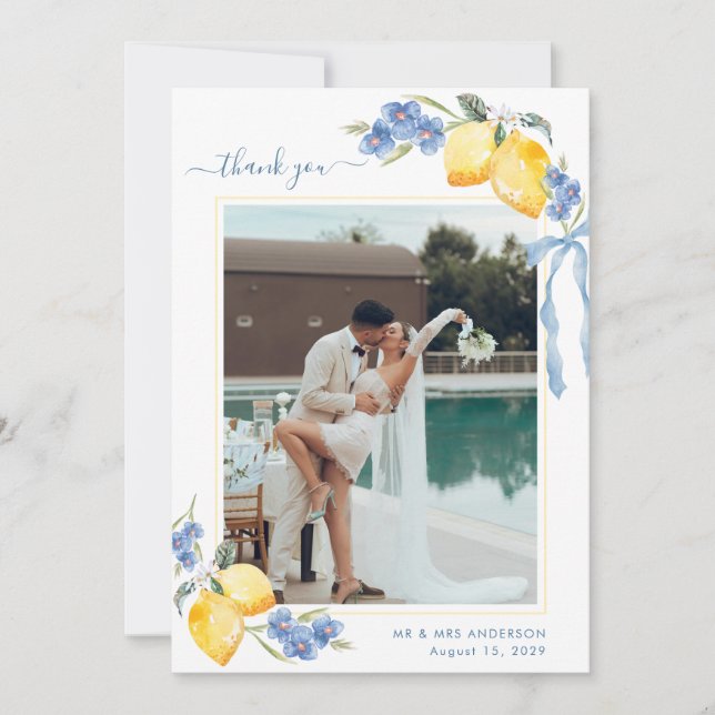 Tarjeta De Agradecimiento Italian Lemon Floral & Bow Blue and Yellow Wedding (Anverso)