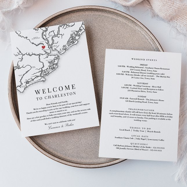 Tarjeta De Agradecimiento Itinerario de bienvenida de boda de Charleston en  (Charleston SC Wedding Weekend Itinerary Schedule of events in Elegant black and white )