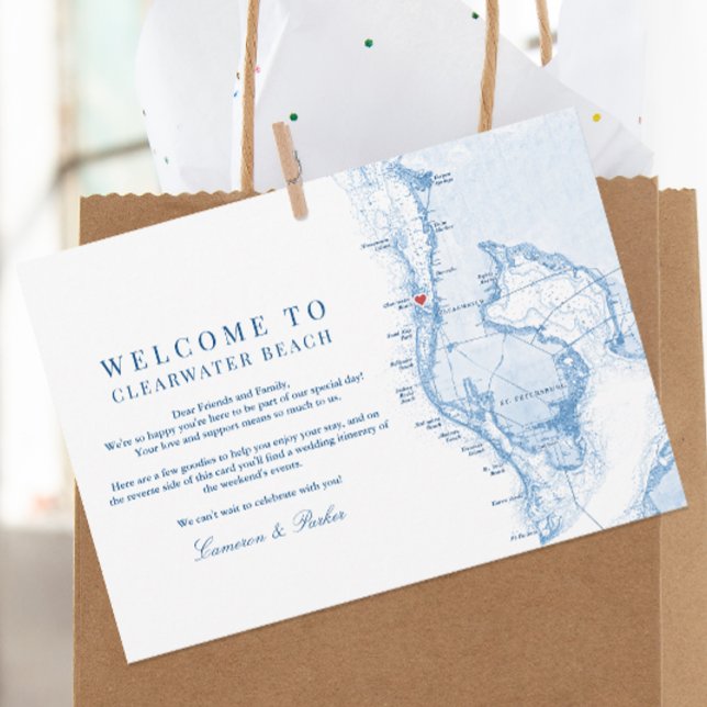 Tarjeta De Agradecimiento Itinerario de bienvenida de Clearwater Beach FL Bl (Clearwater Beach FL Wedding Welcome letter and Schedule Itinerary in elegant navy blue )