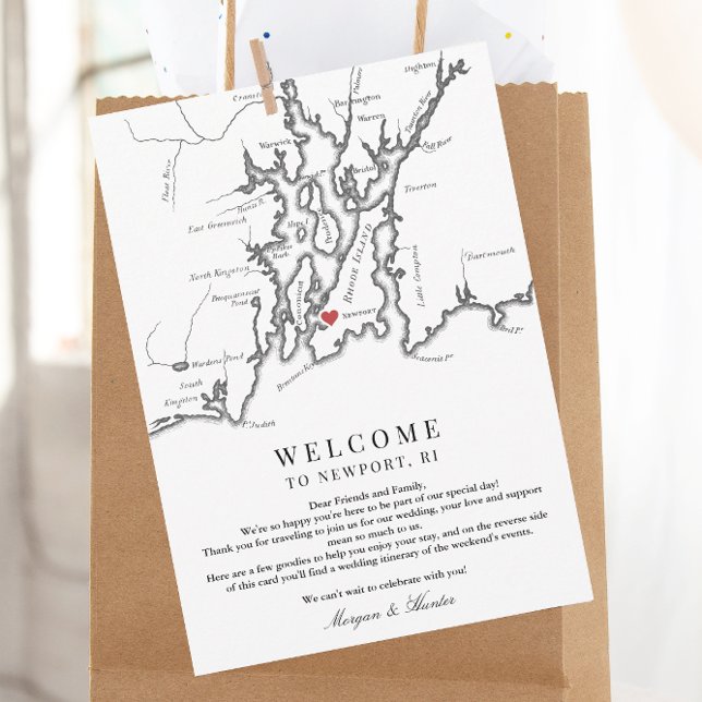 Tarjeta De Agradecimiento Itinerario de fin de semana de bienvenida de Newpo (Newport RI Map Wedding Weekend Welcome Letter and Schedule of Events Card in Black and White )