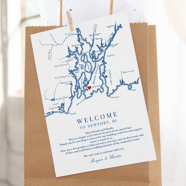 Tarjeta De Agradecimiento Itinerario de fin de semana de bienvenida de Newpo (These Newport Rhode Island wedding welcome letters include a weekend events itinerary on the back)