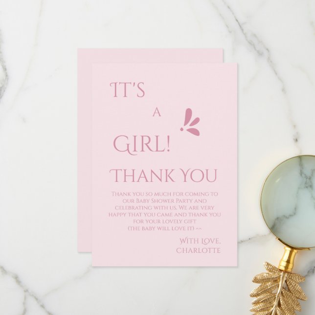 Tarjeta De Agradecimiento It's A Girl! Minimalism Pastel Pink Baby Shower (Anverso/Reverso In Situ)