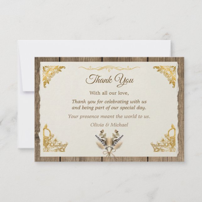 Tarjeta De Agradecimiento Ivory Gold Boho Floral Rústico Elegante Script (Anverso)