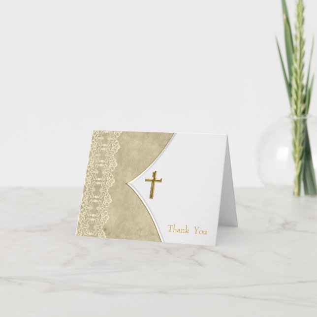 Tarjeta De Agradecimiento Ivory Gold Cross Baptism Christening Gracias Coche (Anverso)