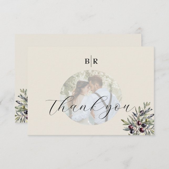 Tarjeta De Agradecimiento Ivory Olive Photo Monogram Wedding (Anverso / Reverso)