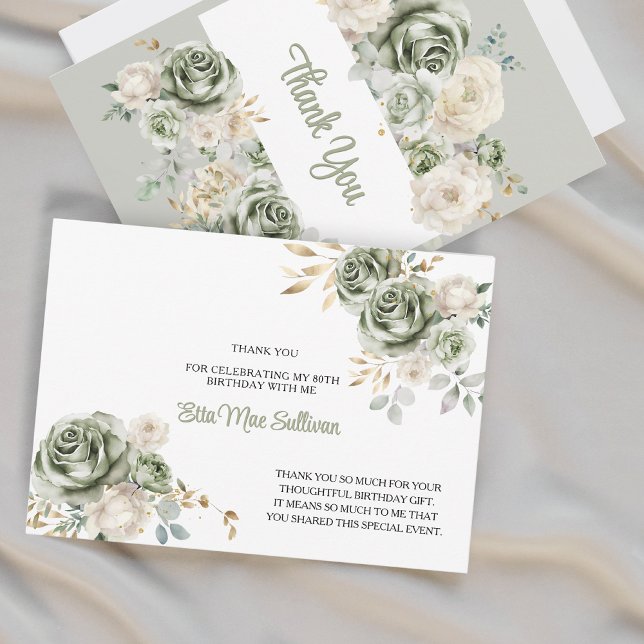 Tarjeta De Agradecimiento Ivory Sage green Roses Floral 80th birthday (Subido por el creador)