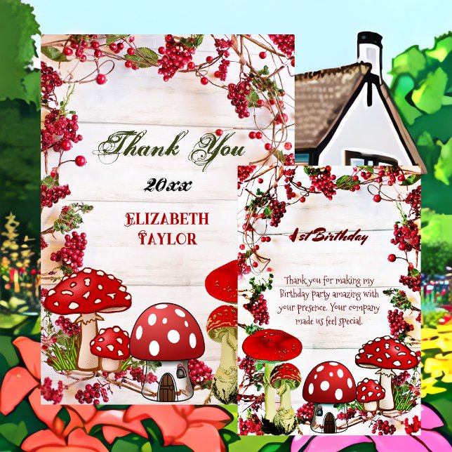 Tarjeta De Agradecimiento Jardín de Berry Rojo Toadstool Greenery Magic Mush (Red Berry Garden Toadstool Greenery Magic Mushroom Thank You Card)