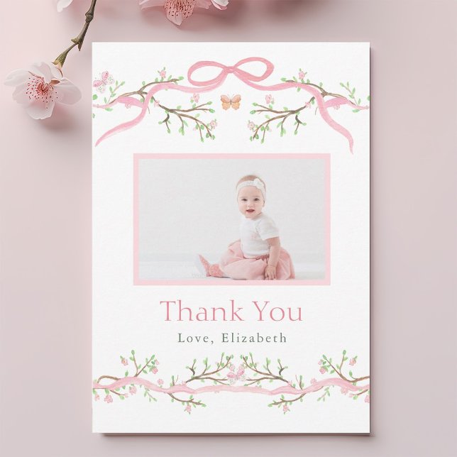 Tarjeta De Agradecimiento Jardín de Primavera Verde y Rosa 1er cumpleaños Fo (Subido por el creador)