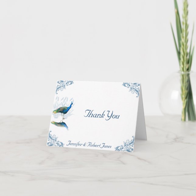 Tarjeta De Agradecimiento Jardín del pavo real en azul y blanco Gracias (Anverso)