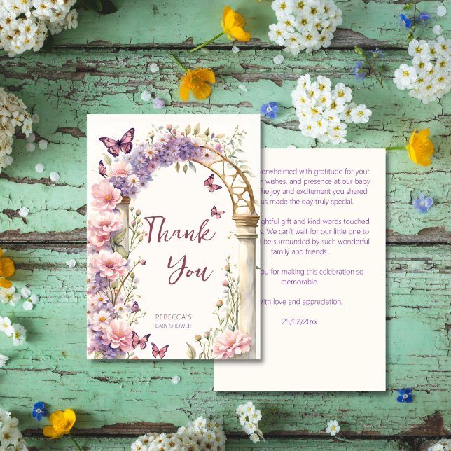 Tarjeta De Agradecimiento Jardín encantador mariposas pastel ducha para bebé (Enchanted garden pastel butterflies baby shower thank you card vintage floral arch watercolor)