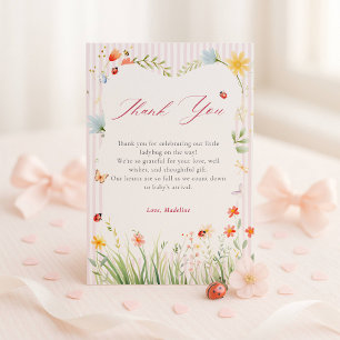Tarjeta De Agradecimiento Jardín Floral de Mariquita Cumpleaños de Bebé en P